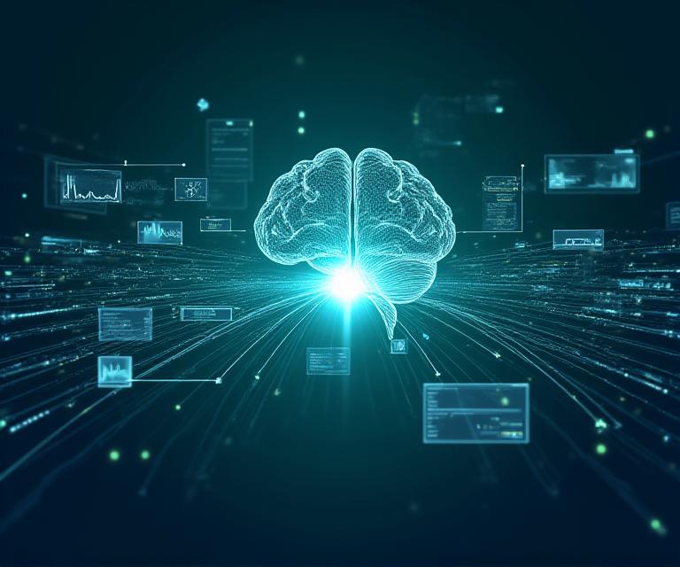 Enterprise AI visualization — generative models processing financial and healthcare data streams